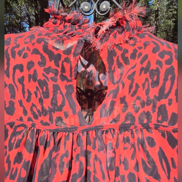 Zara 1975 Jeans Collection Red&Black Leopard Print Sheer Long Sleeve Blouse SzM - Picture 9 of 10